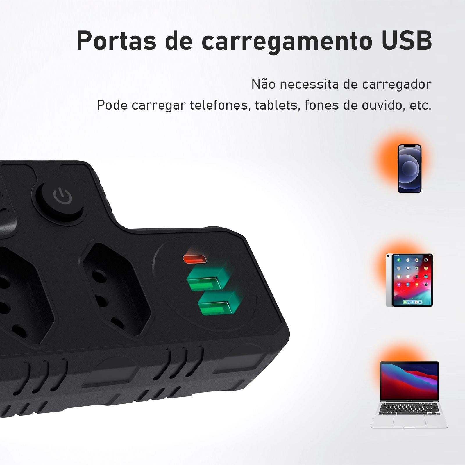 Régua de Tomadas com Extensão e Portas USB - Branco 110-220V Padrão Brasil