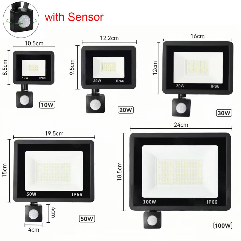 Refletor LED com Sensor de Movimento PIR IP66 à Prova d’Água 10W a 100W