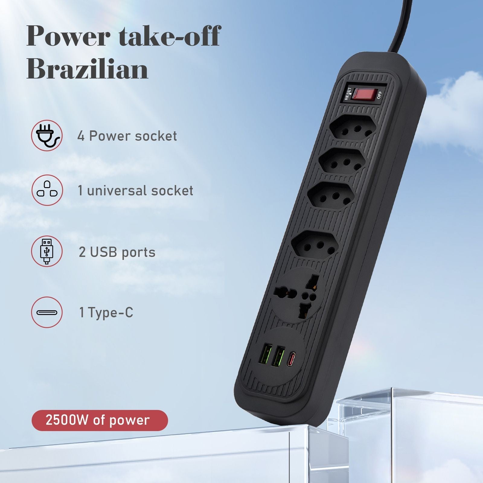 Régua de Tomadas com Extensão e Portas USB -2M 110-220V Padrão Brasil