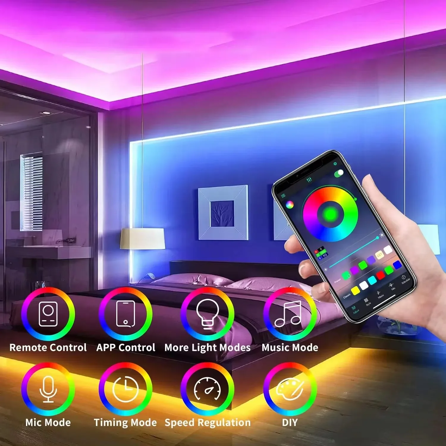 Fita LED Neon RGB com Controle e Sincronização de Música para Ambientes