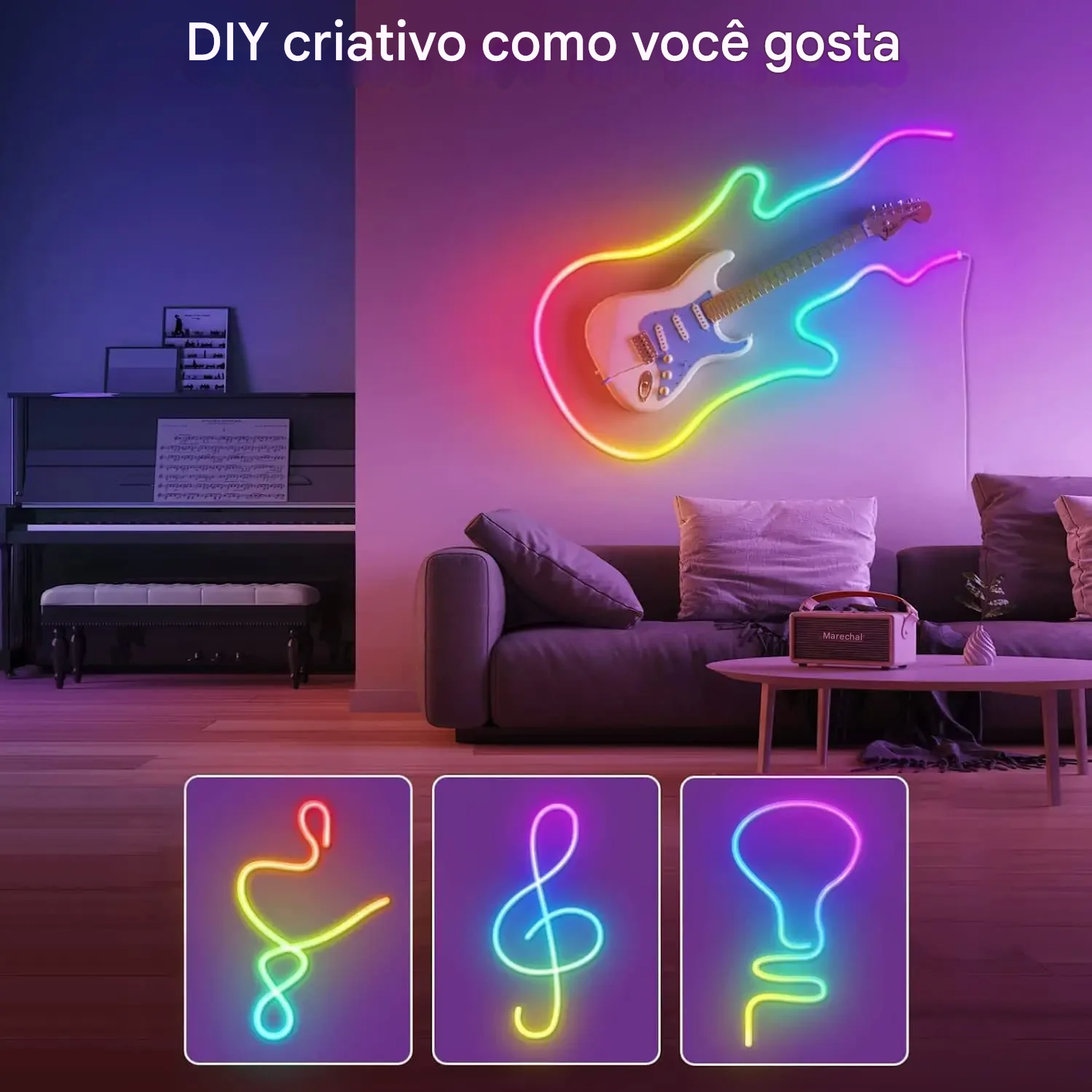 Fita LED Neon RGB com Controle e Sincronização de Música para Ambientes