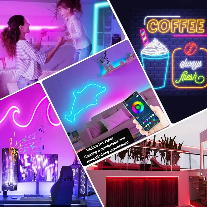 Fita LED Neon RGB com Controle e Sincronização de Música para Ambientes