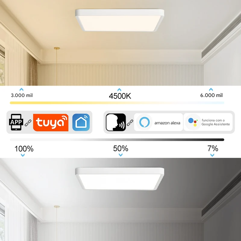 Luminária LED Plafon Smart LED com Acabamento em Madeira Controle Alexa e Google