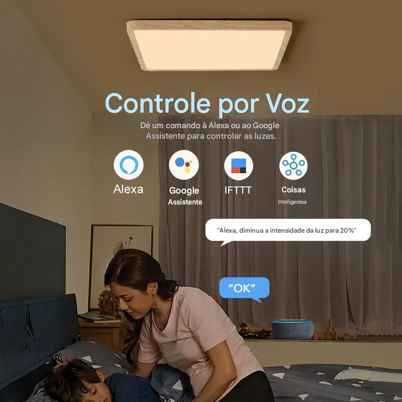 Luminária LED Plafon Smart LED com Acabamento em Madeira Controle Alexa e Google