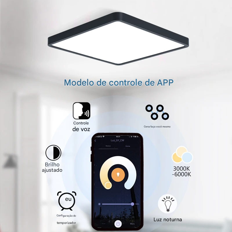 Luminária LED Plafon Smart LED com Acabamento em Madeira Controle Alexa e Google
