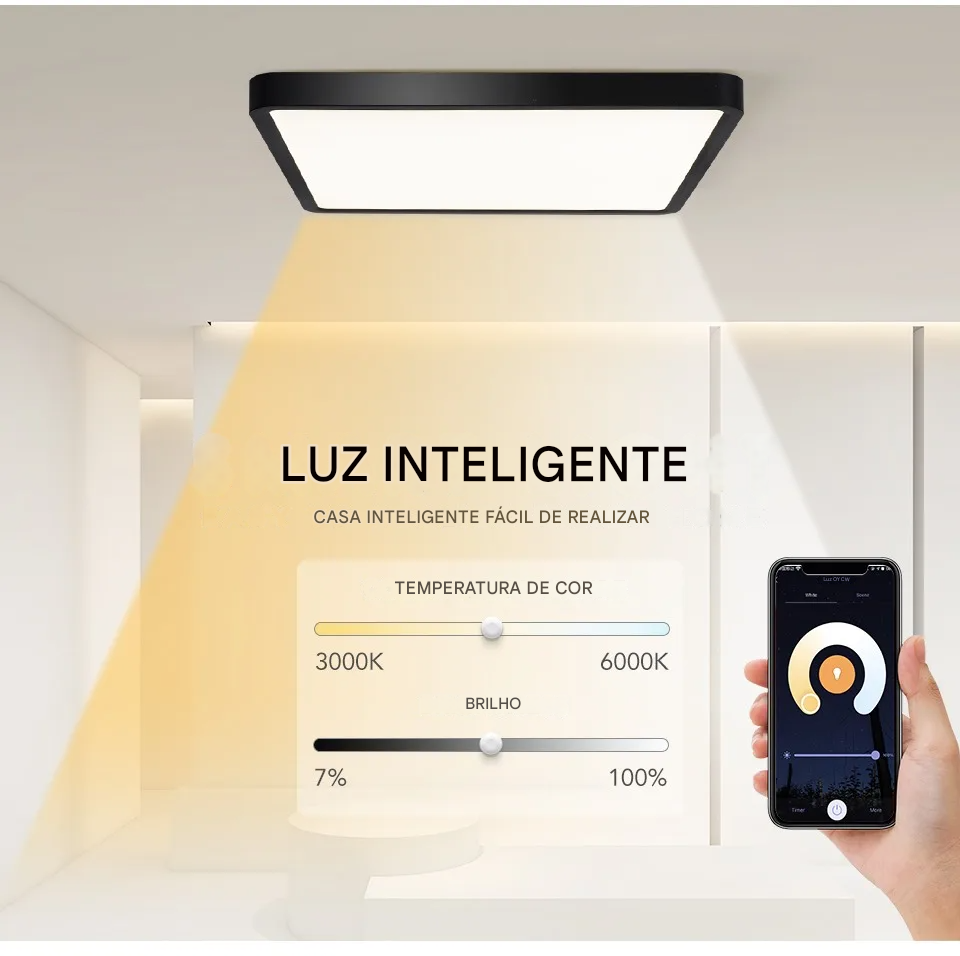 Luminária LED Plafon Smart LED com Acabamento em Madeira Controle Alexa e Google