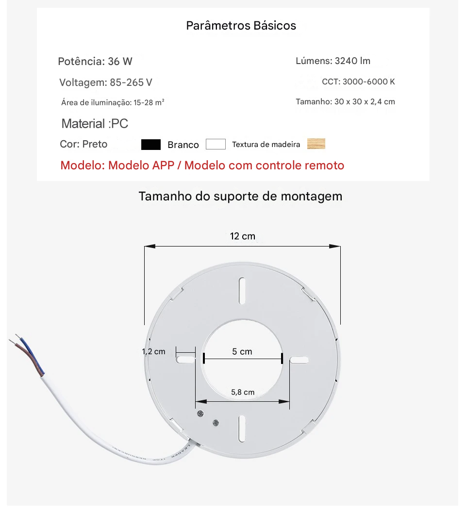 Luminária LED Plafon Smart LED com Acabamento em Madeira Controle Alexa e Google