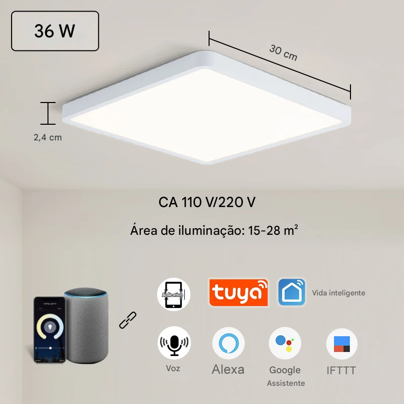 Luminária LED Plafon Smart LED com Acabamento em Madeira Controle Alexa e Google