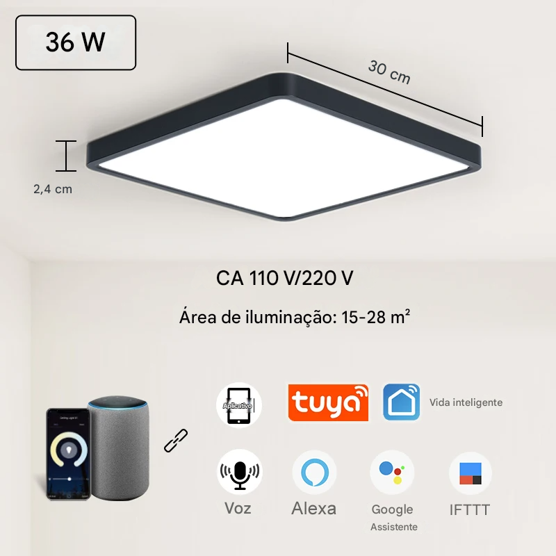 Luminária LED Plafon Smart LED com Acabamento em Madeira Controle Alexa e Google