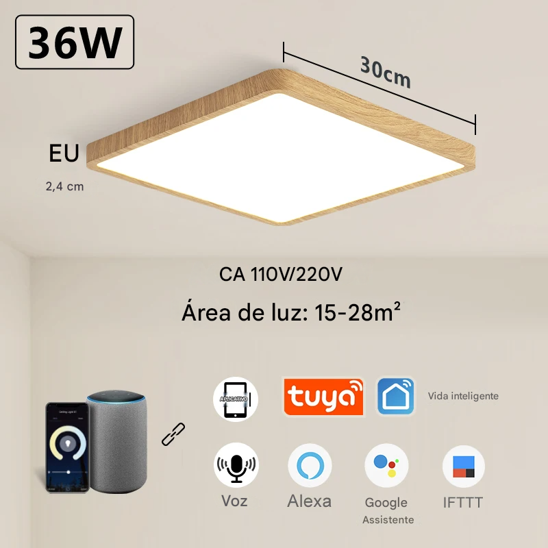 Luminária LED Plafon Smart LED com Acabamento em Madeira Controle Alexa e Google