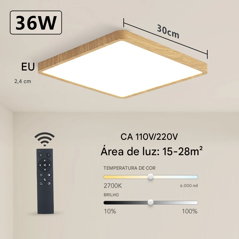 Luminária LED Plafon Smart LED com Acabamento em Madeira Controle Alexa e Google