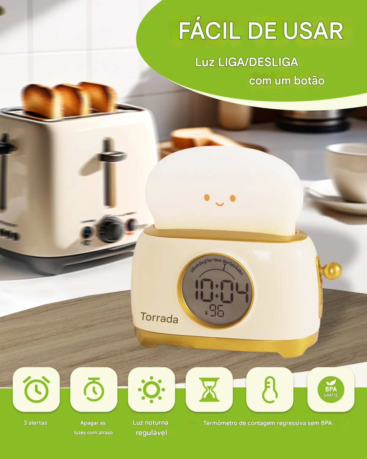 Luminária Relógio de Mesa Dobrável Touch USB Regulável com Proteção Ocular