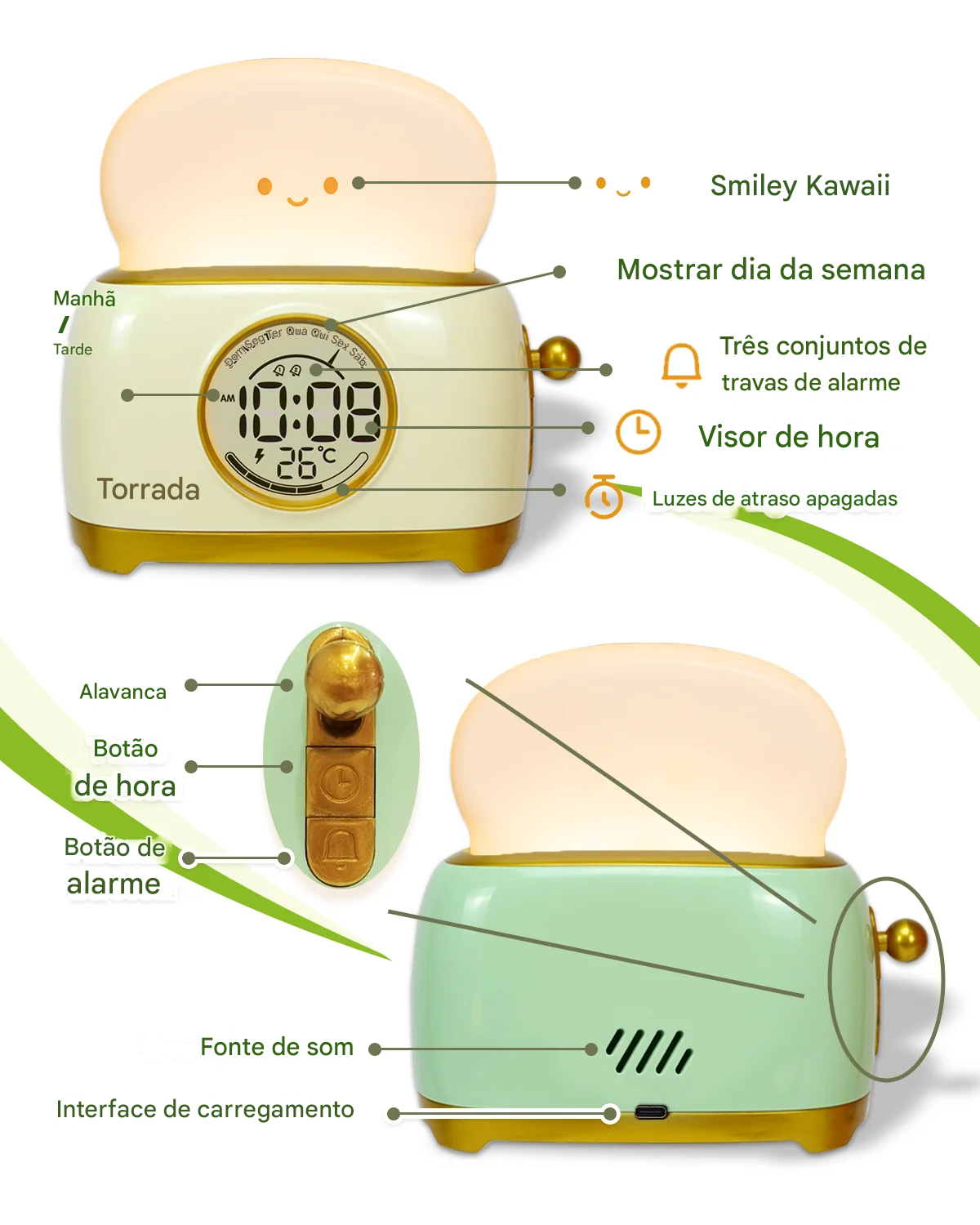 Luminária Relógio de Mesa Dobrável Touch USB Regulável com Proteção Ocular