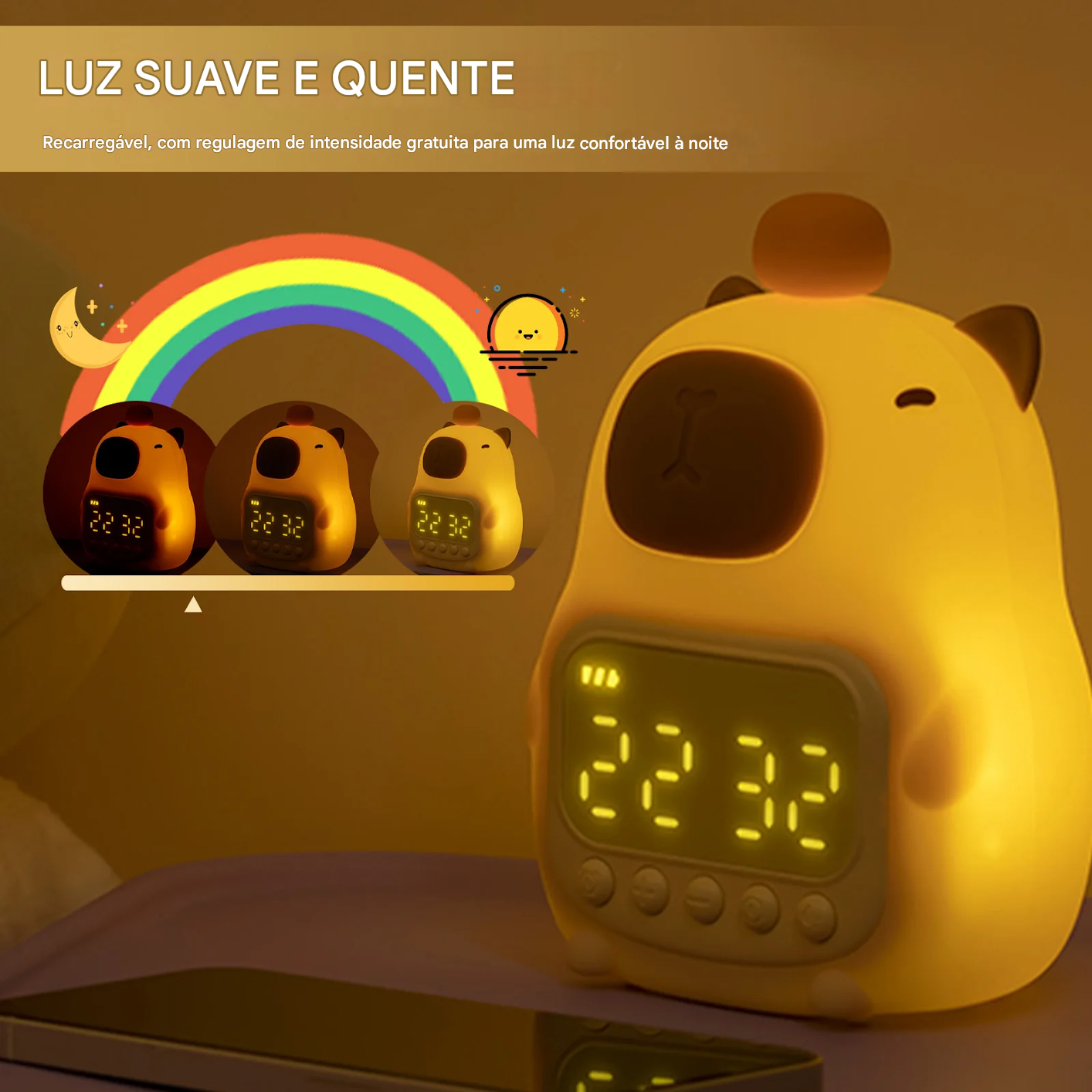 Relógio Despertador Infantil LED com Luz Noturna e Bateria Recarregável