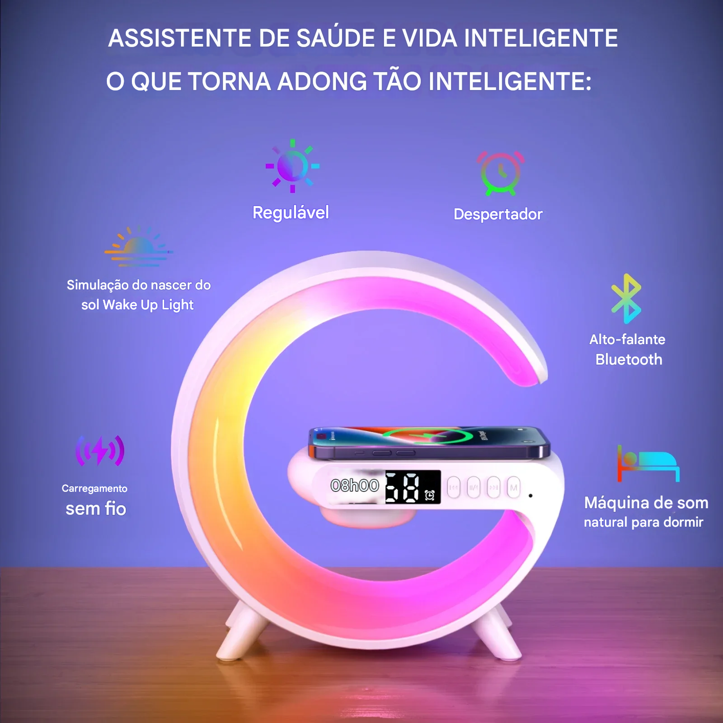 Luminária de Mesa LED RGB com Despertador Luz Noturna e Caixa de Som Bluetooth 15W Recarregável