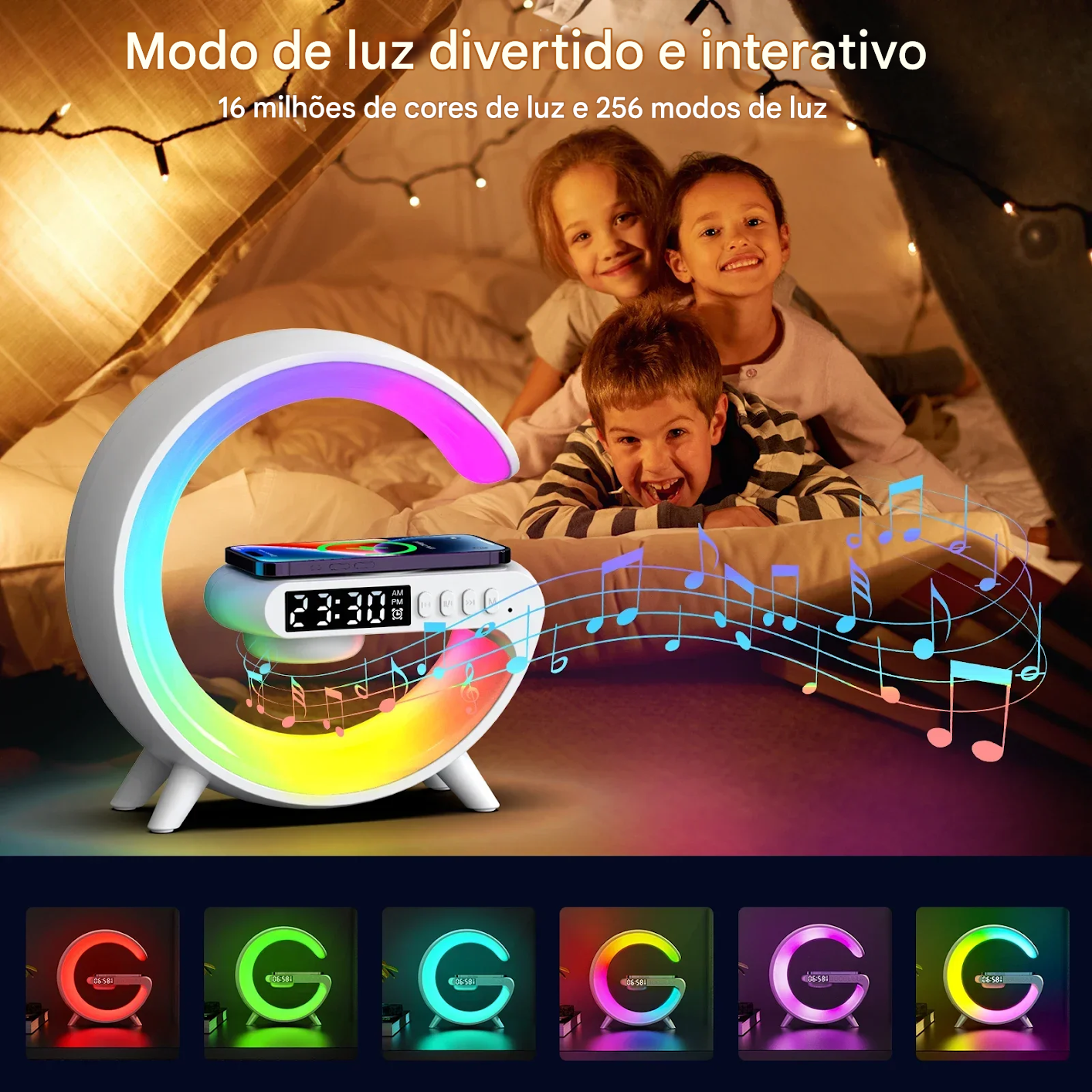Luminária de Mesa LED RGB com Despertador Luz Noturna e Caixa de Som Bluetooth 15W Recarregável