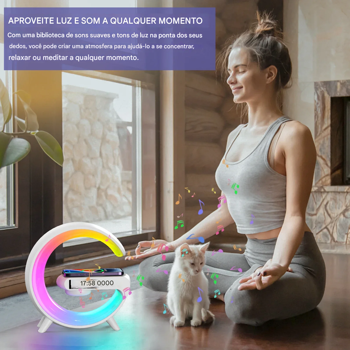 Luminária de Mesa LED RGB com Despertador Luz Noturna e Caixa de Som Bluetooth 15W Recarregável