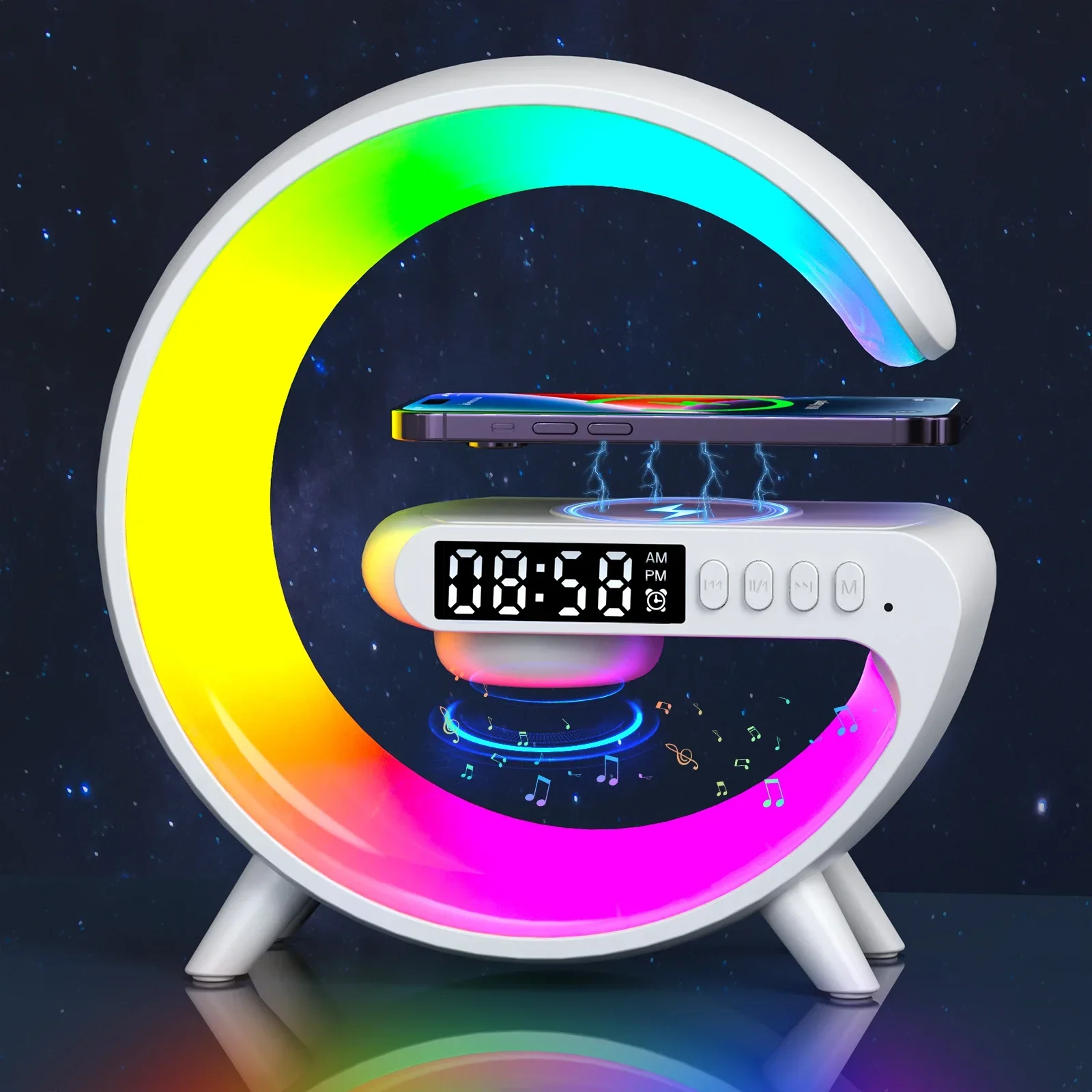 Luminária de Mesa LED RGB com Despertador Luz Noturna e Caixa de Som Bluetooth 15W Recarregável