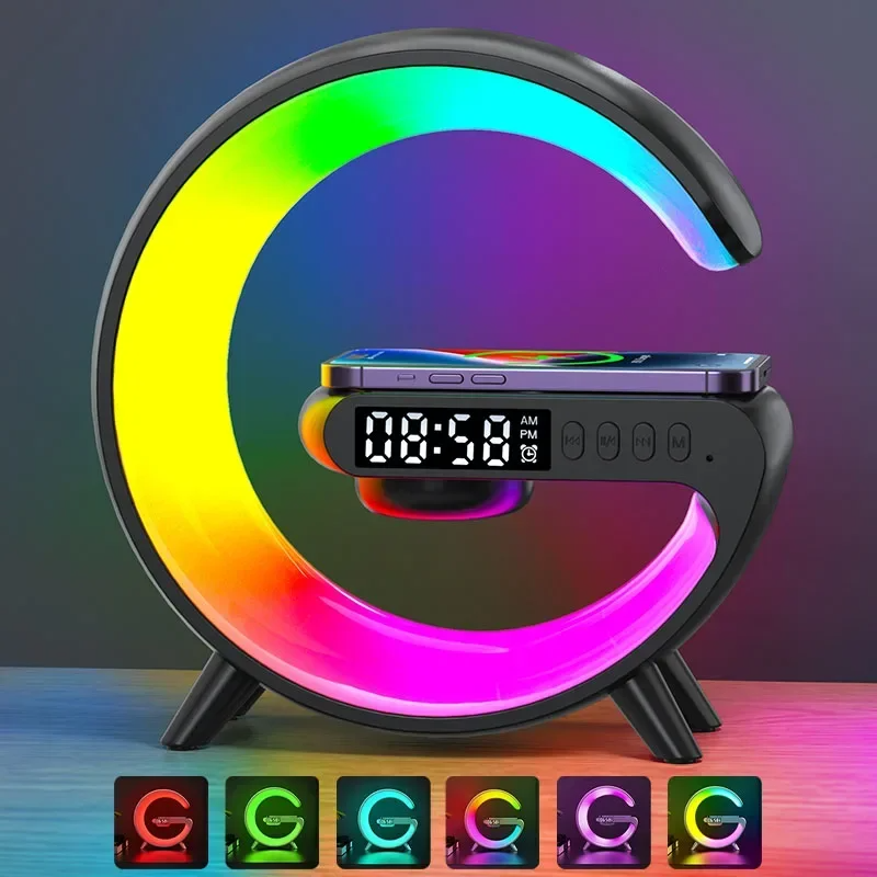 Luminária de Mesa LED RGB com Despertador Luz Noturna e Caixa de Som Bluetooth 15W Recarregável