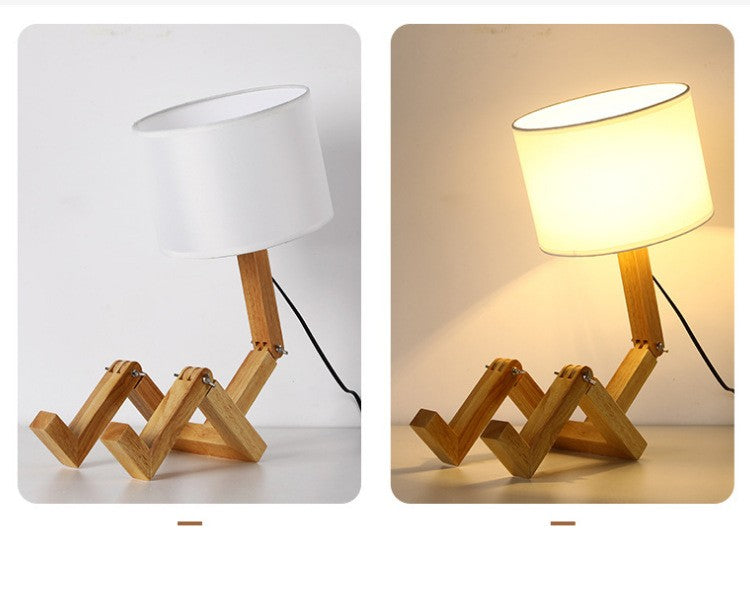 Luminária de Mesa Criativa Robô de Madeira para Leitura e Decoração Moderna