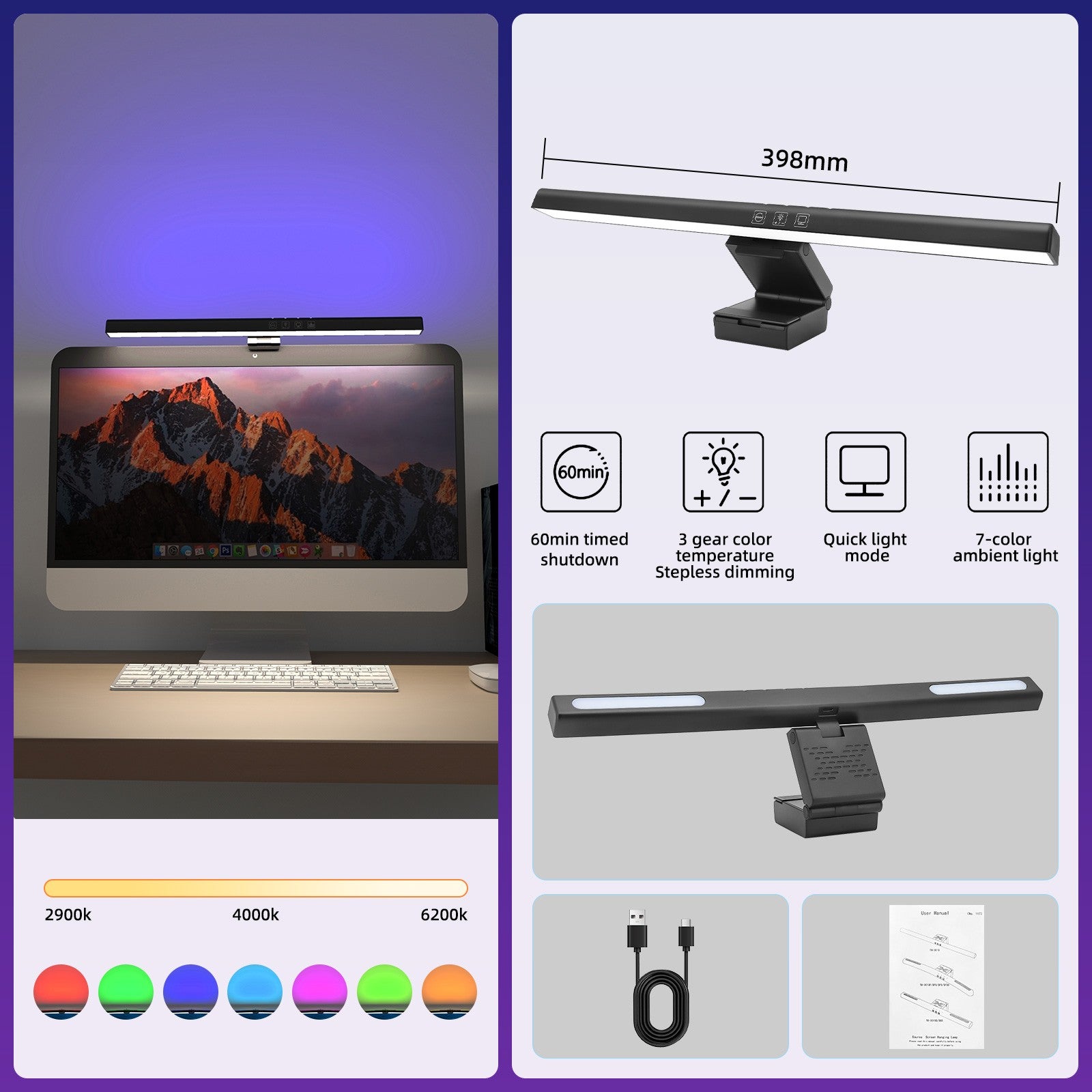 Luz de Tela Suspensa USB com Ajuste de Brilho Contínuo para Monitor