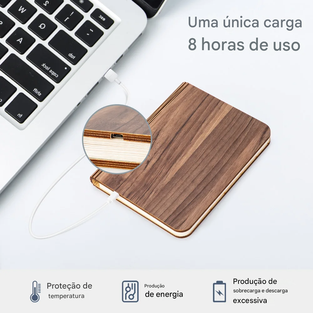 Luminária Livro Aberto em LED de Madeira Recarregável USB