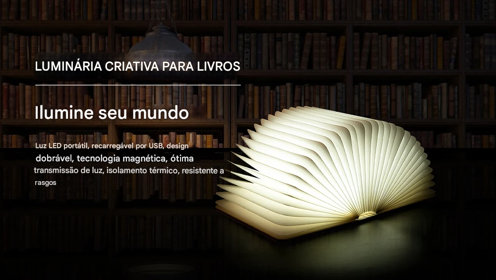 Luminária Livro Aberto em LED de Madeira Recarregável USB
