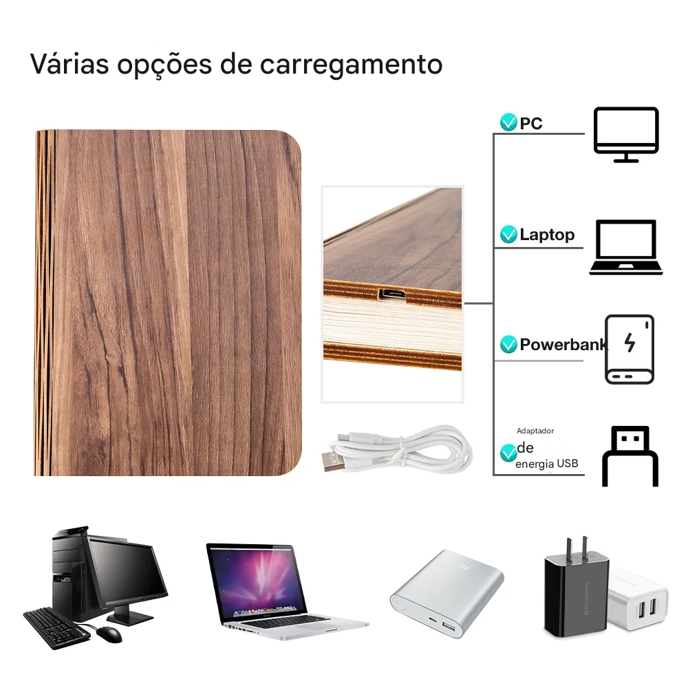Luminária Livro Aberto em LED de Madeira Recarregável USB