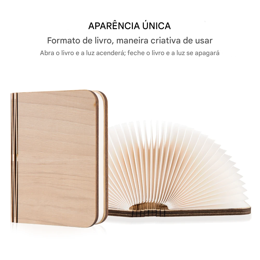 Luminária Livro Aberto em LED de Madeira Recarregável USB