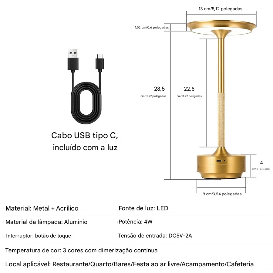 Candeeiro de Mesa Sem Fio com Bateria Recarregável