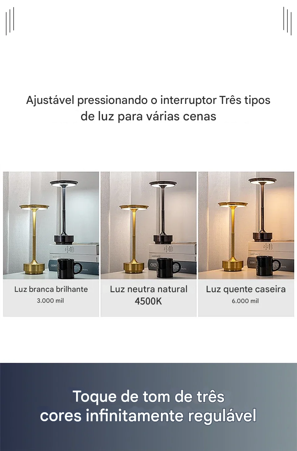 Candeeiro de Mesa Sem Fio com Bateria Recarregável