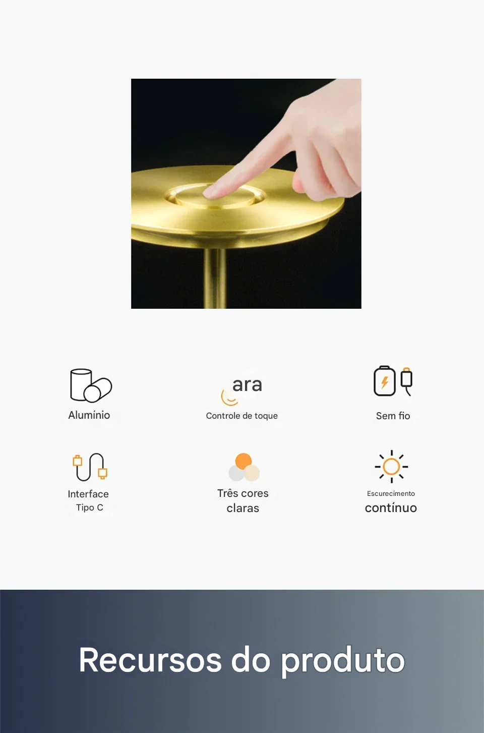 Candeeiro de Mesa Sem Fio com Bateria Recarregável