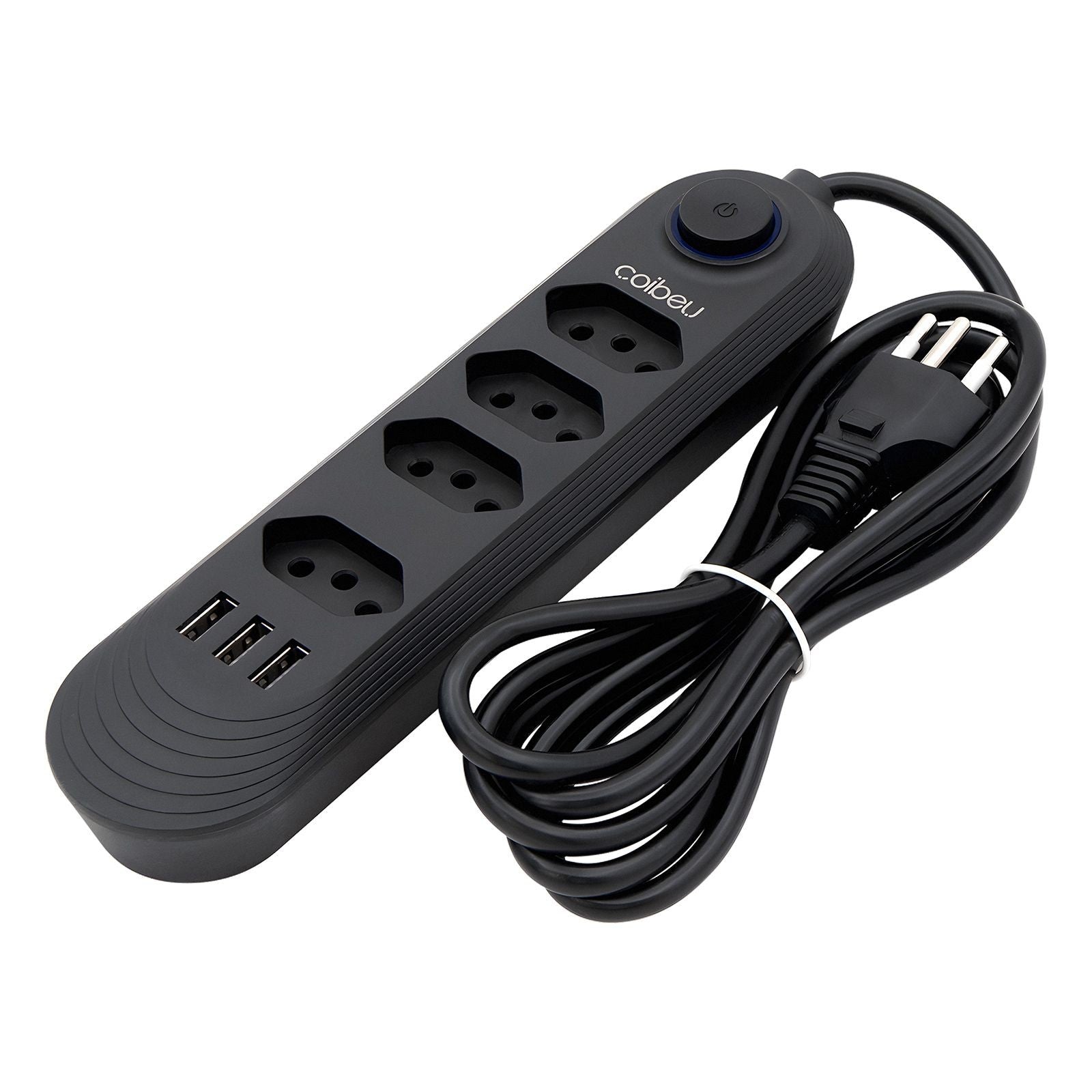 Régua de tomadas versátil com extensão de 2 metros, compatível com voltagem de 110-220V, padrão Brasil, equipada com portas USB para carregamento rápido e eficiente de dispositivos.