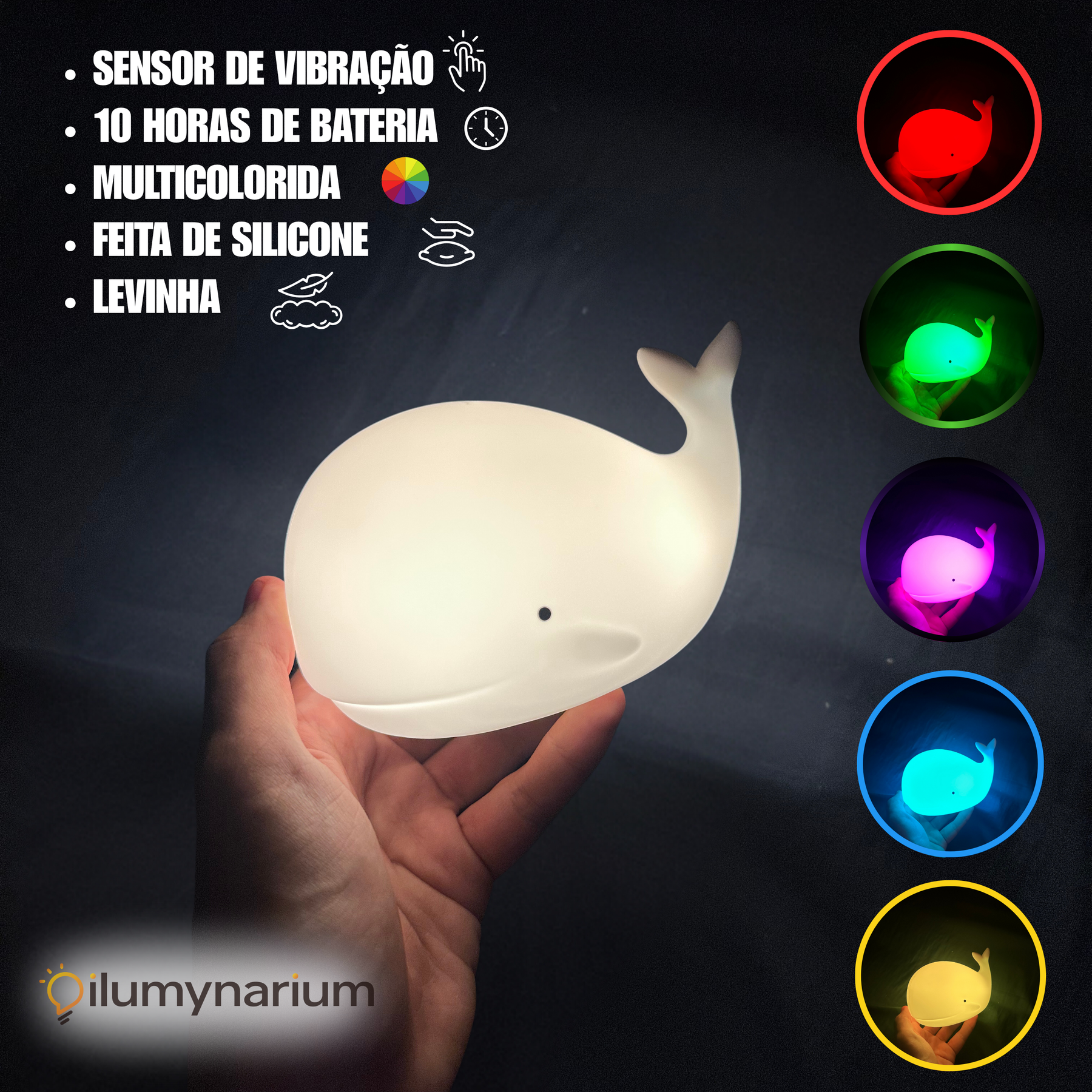 Luminária Baleia Touch de Silicone Com Alternação de Luz ao Toque