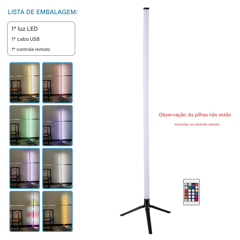 Luminária de Chão RGB de Canto com Iluminação Ambiente e Controle de Cores