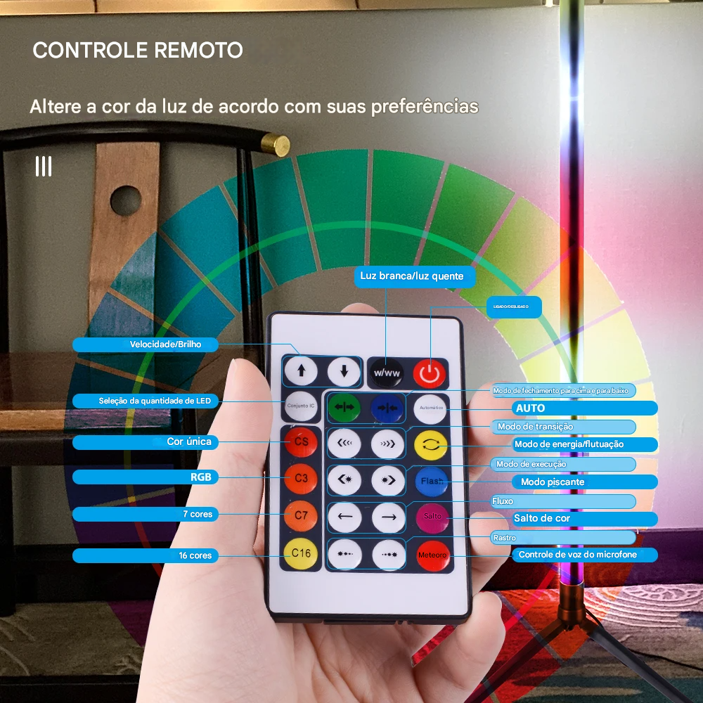 Luminária de Chão RGB de Canto com Iluminação Ambiente e Controle de Cores