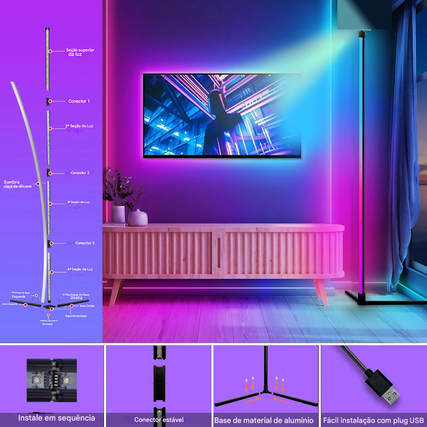 Luminária de Chão RGB Dream Color com Sincronização Musical e 16 Milhões de Cores para Quarto e Sala