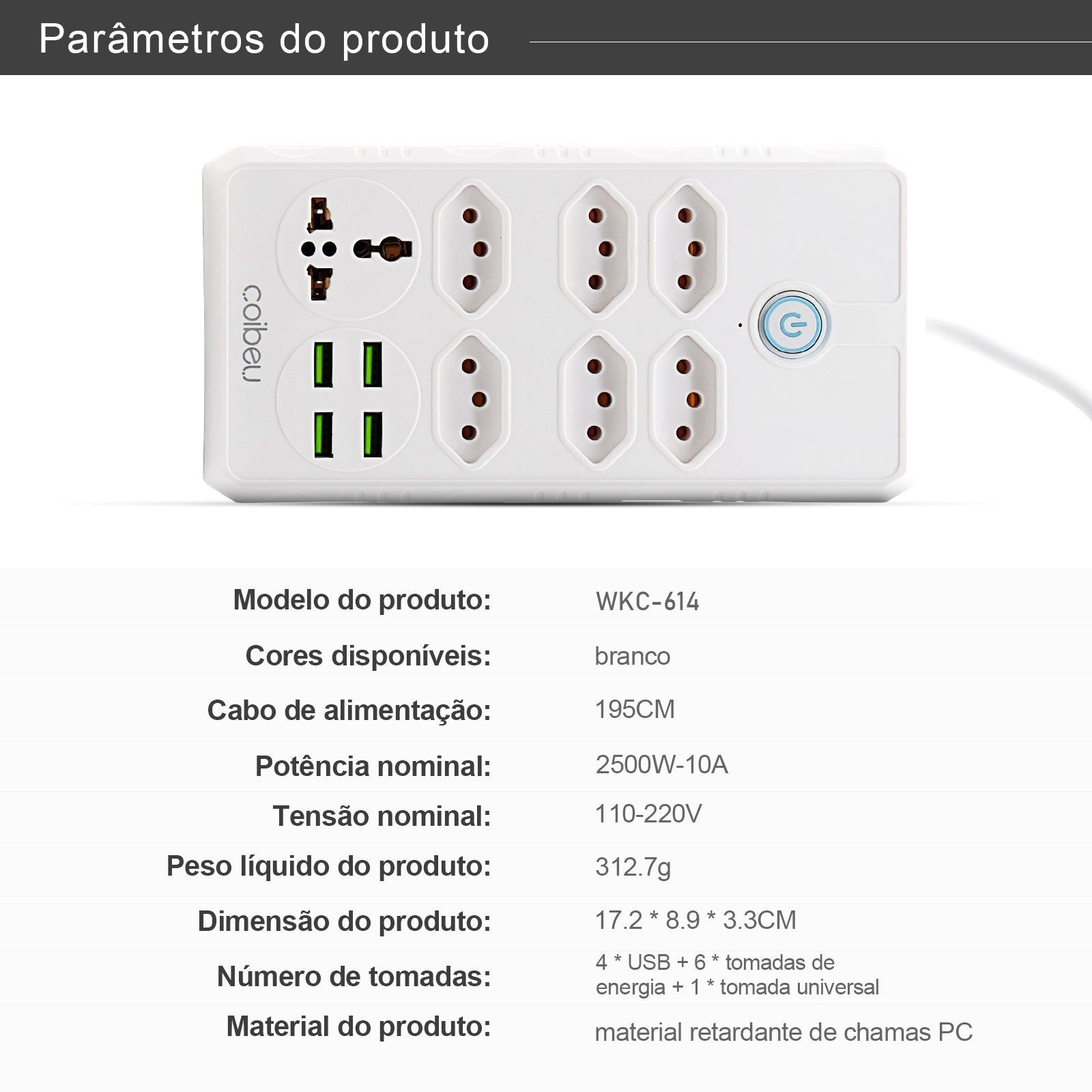 Régua de Tomadas com Extensão e Portas USB - 2M 110-220V Multiplos Padrões