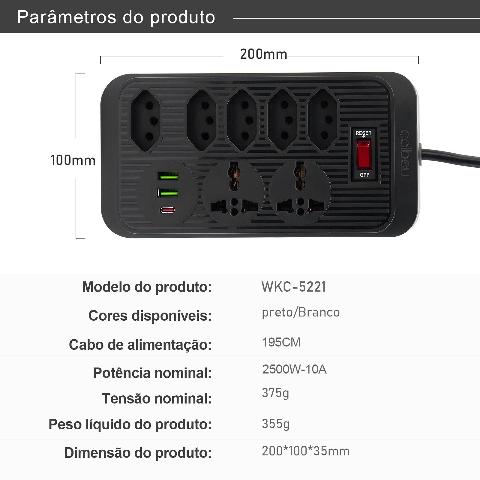 Régua de Tomadas com Extensão e Portas USB - 5M 110-220V Padrão Brasil