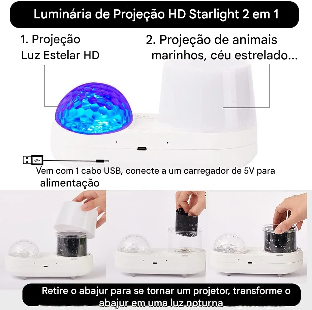 Projetor Estelar e Oceânico 6 Cores e 12 Projeções Imersivas