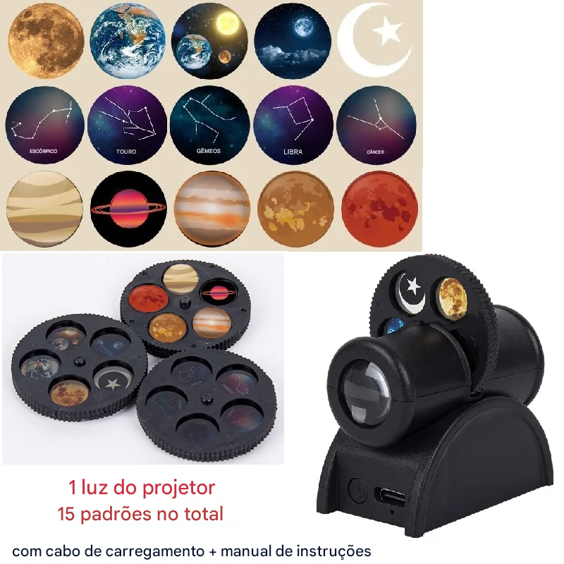 Luz Noturna LED 360° com 15 Projeções de Planetas e Céu Estrelado