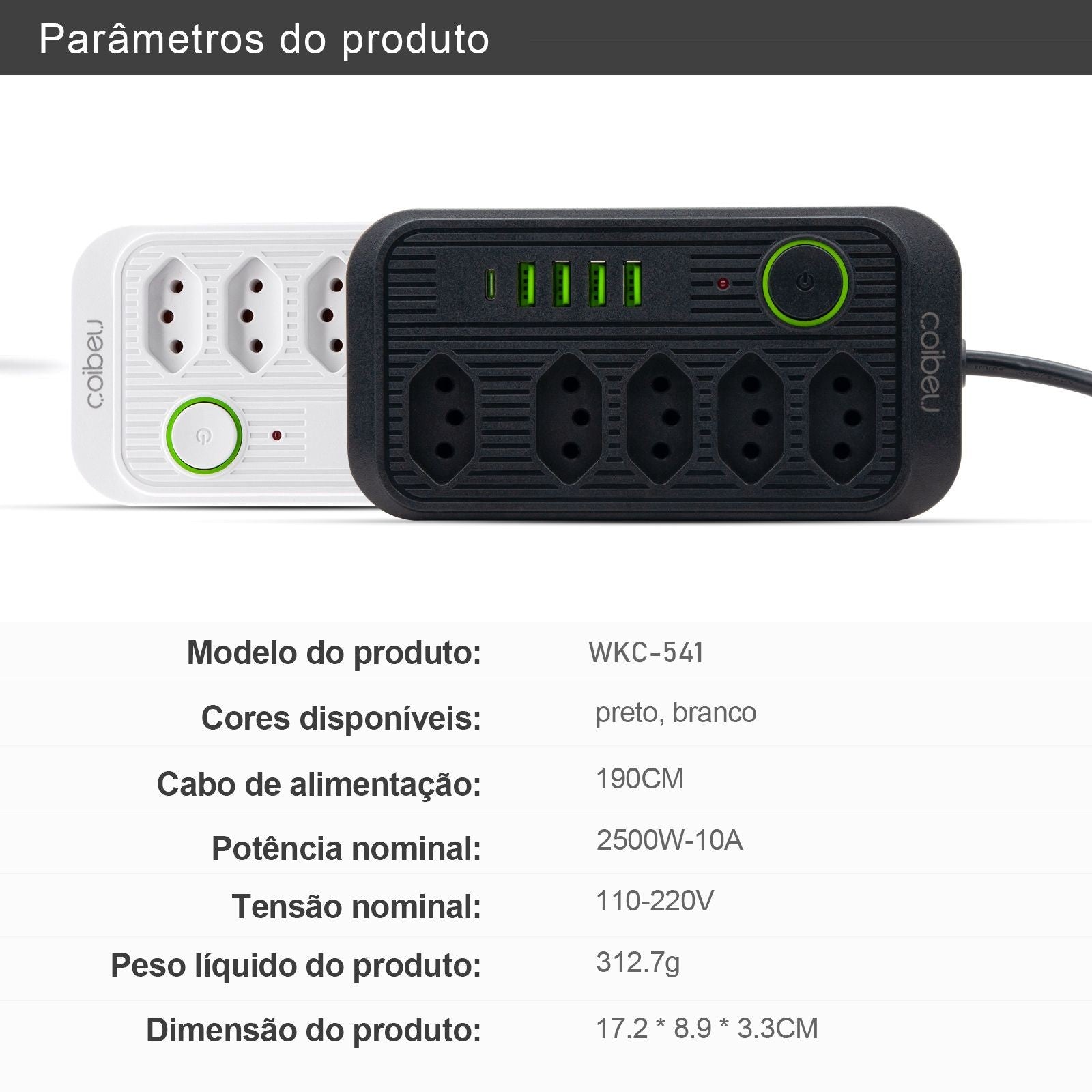 Régua de Tomadas com Extensão e Portas USB - 2M 110-220V Multiplos Padrões