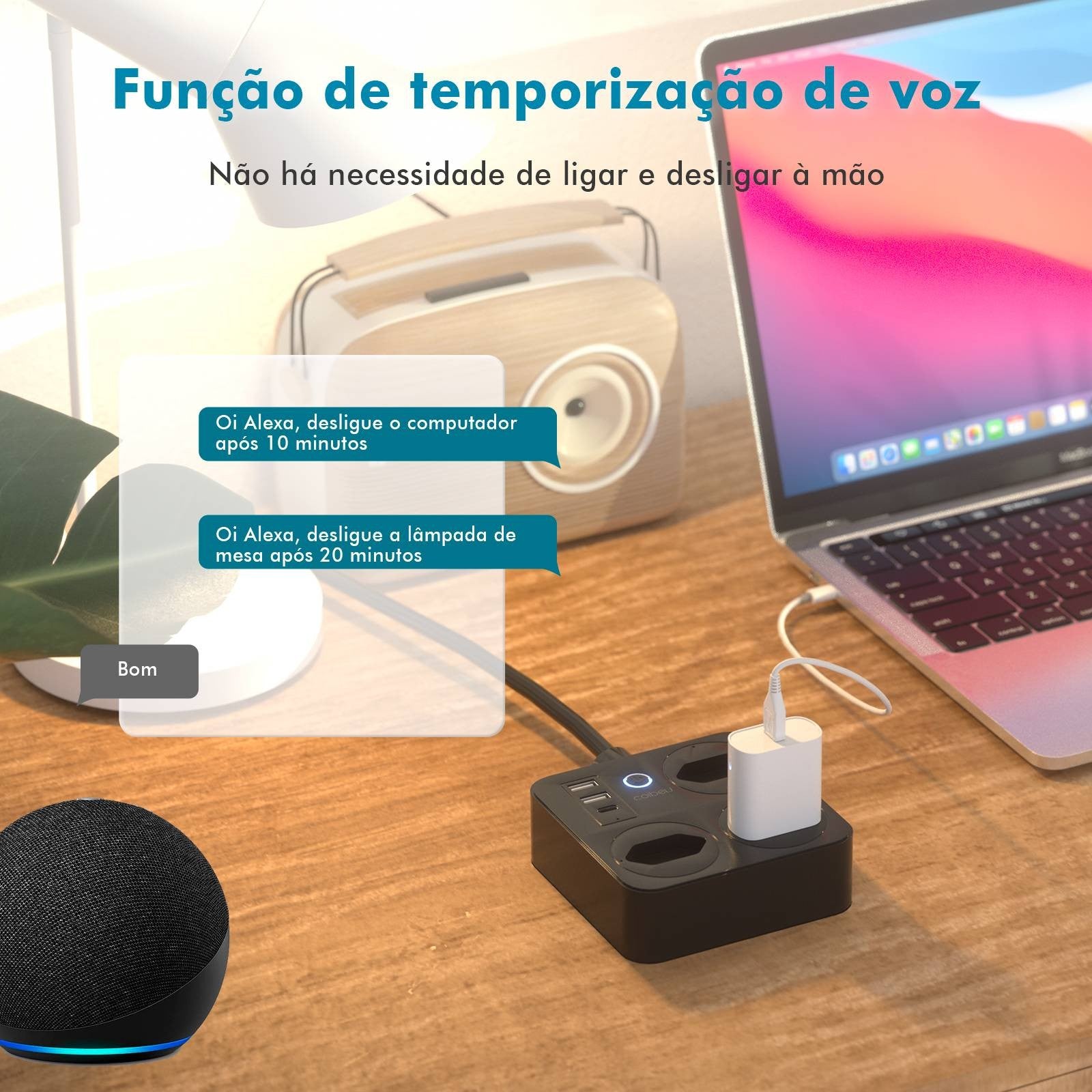 Régua de Tomadas com Extensão e Portas USB - Branco 110-220V Padrão Brasil