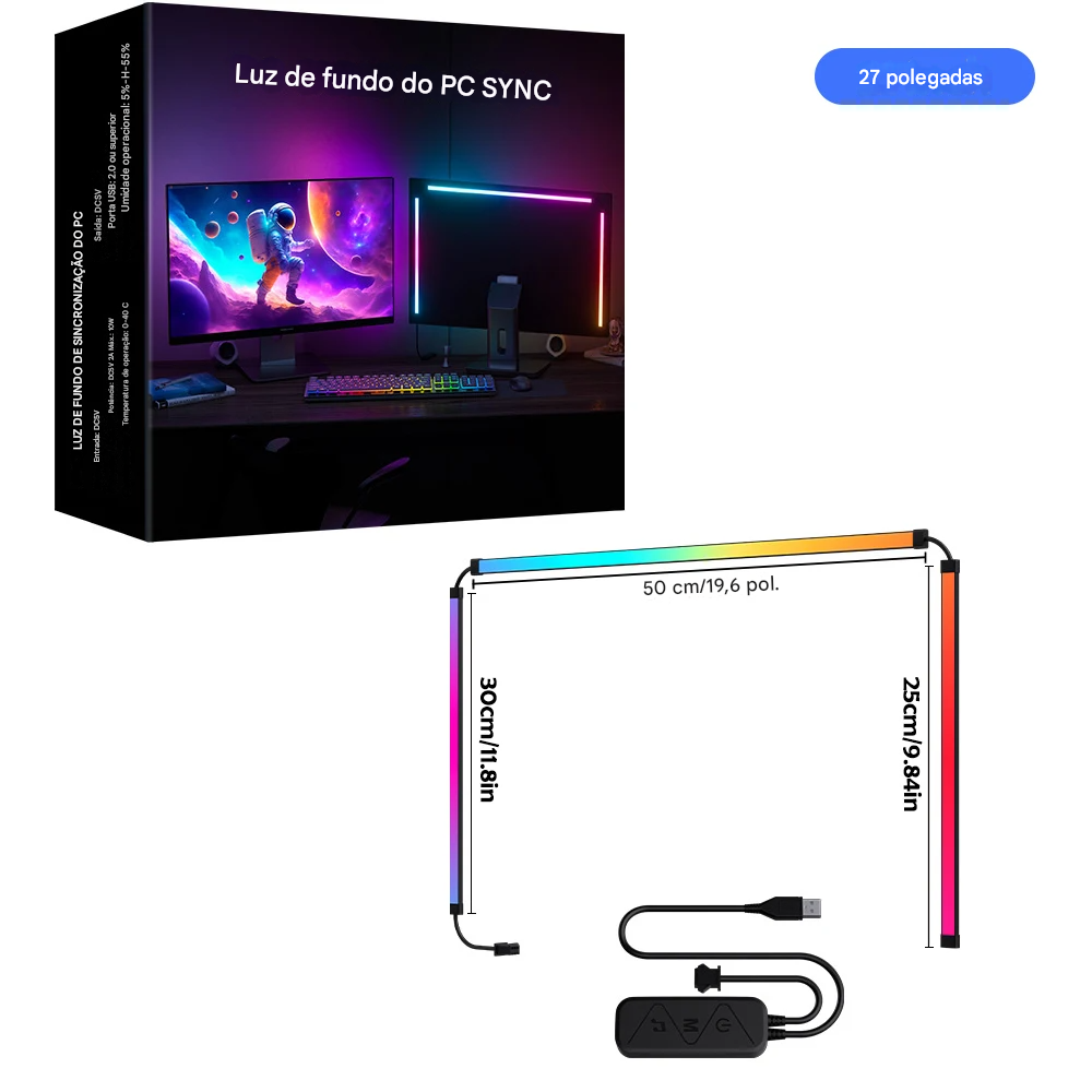 Faixa de Luz LED RGB para Monitor com Sincronização de Cores e Atmosfera Imersiva