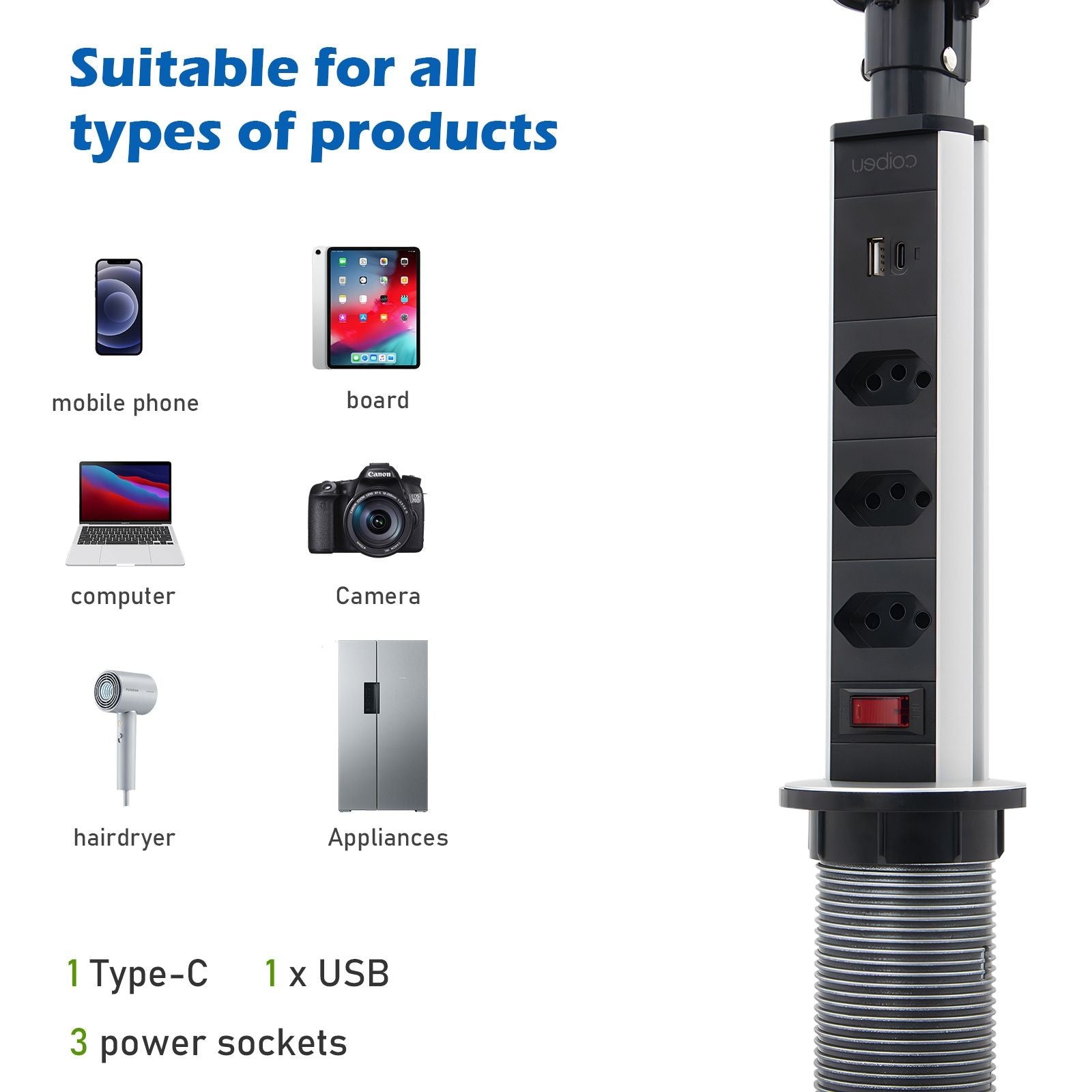 Régua de Tomadas com Extensão e Portas USB - 2M 110-220V Multiplos Padrões