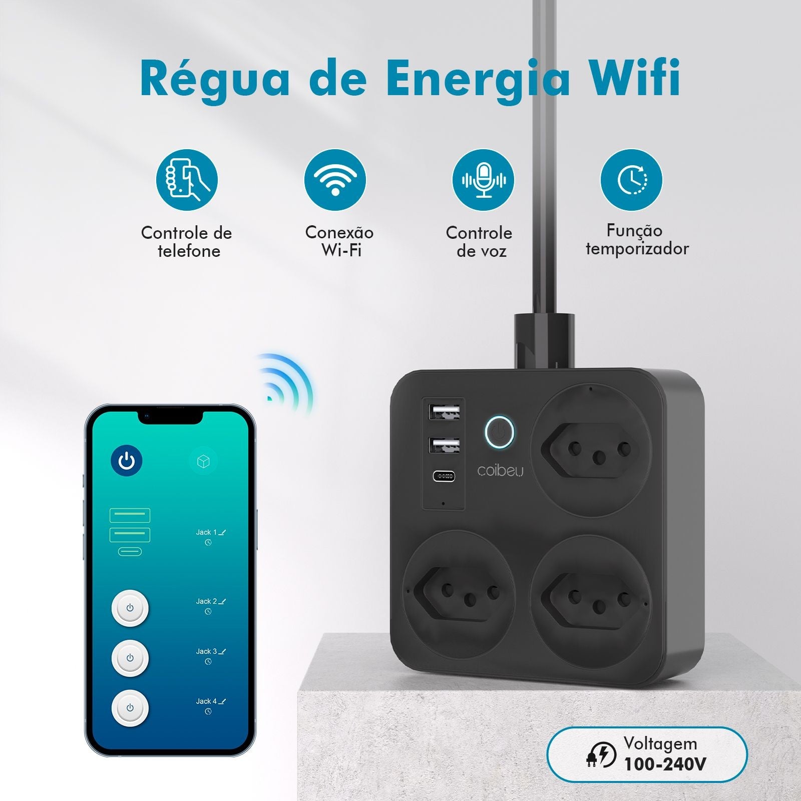 Régua de Tomadas com Extensão e Portas USB - Branco 110-220V Padrão Brasil