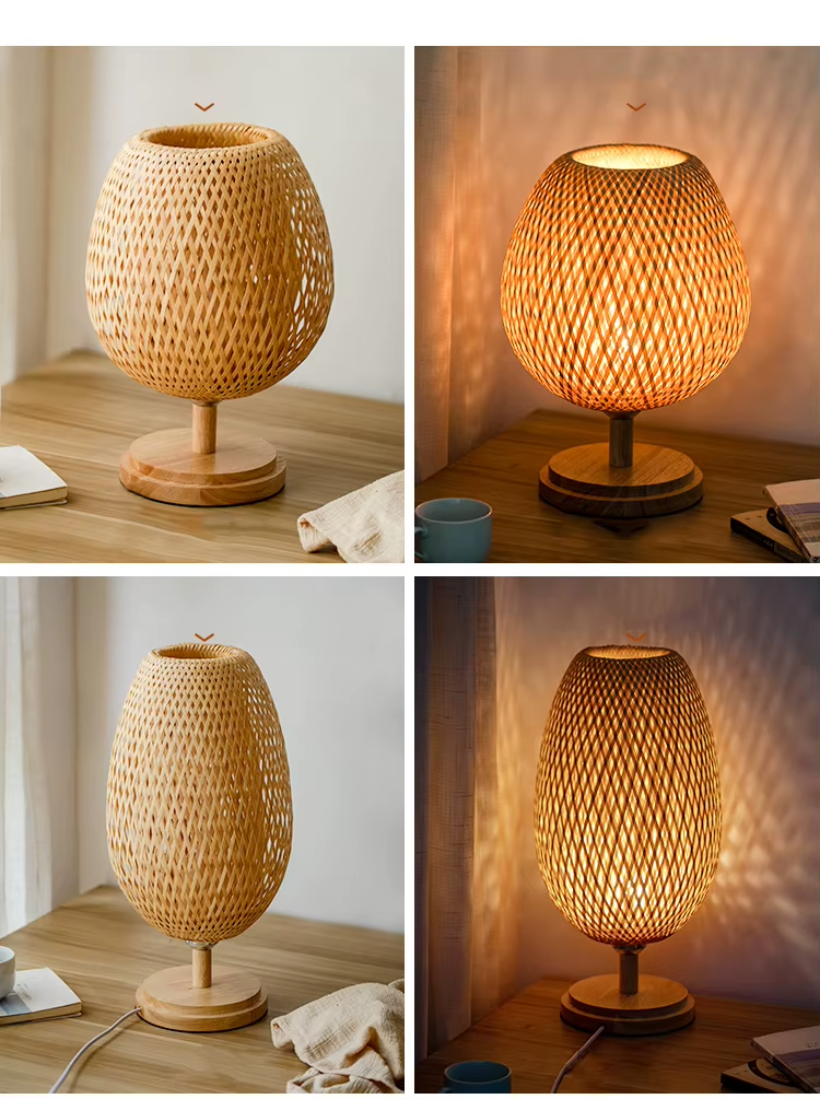 Luminária de Mesa Pequena em Rattan com Dimerização Contínua Estilo Vintage