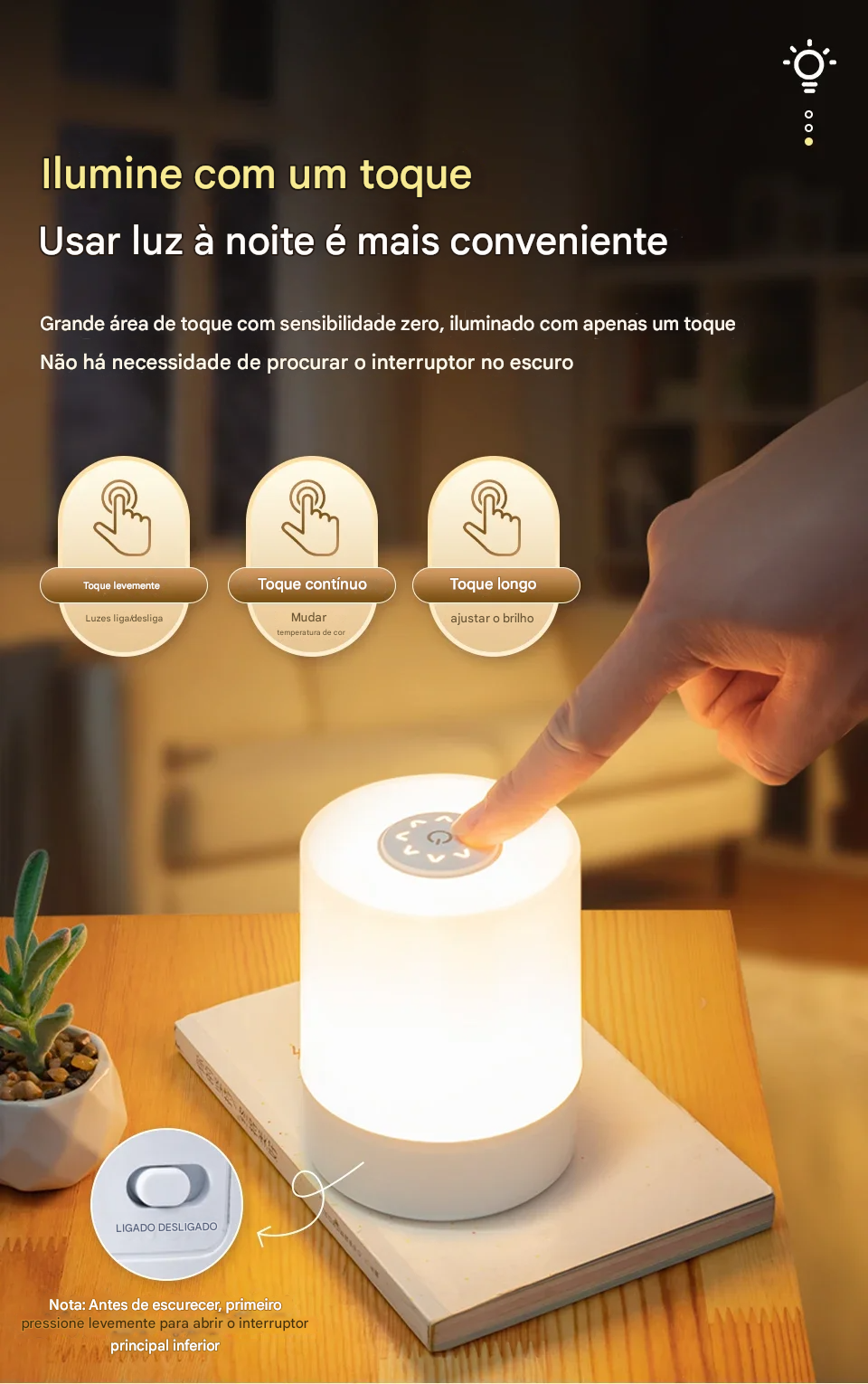 Luminária para Mesa de Cabeceira com Bateria Recarregável
