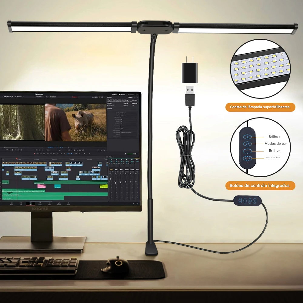Luminária de Mesa LED com Cabeça Dupla e Clipe com 3 Modos de Cor