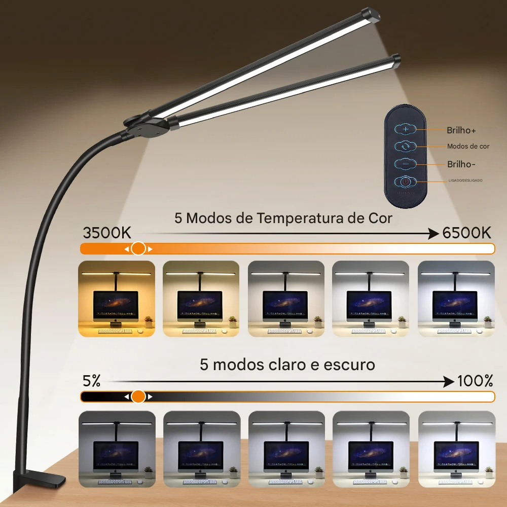 Luminária de Mesa LED com Cabeça Dupla e Clipe com 3 Modos de Cor